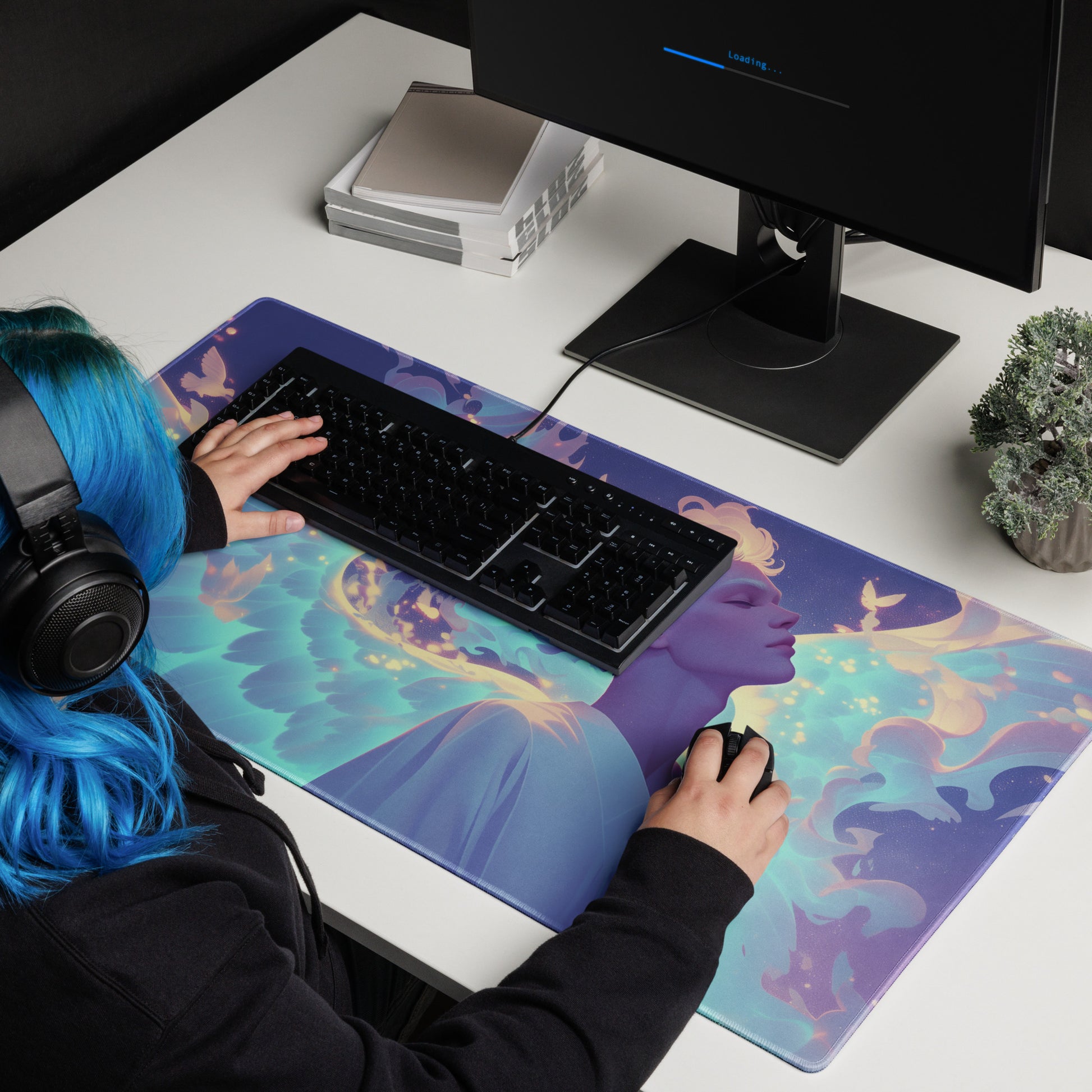 XXL gaming mouse pad, mouse pad, desk mat, gaming mat, gaming pad, best gaming mouse pad, border stitching, durable gaming mouse pad, Seraphim's Elegance I artwork