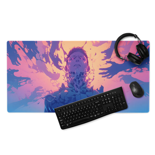 Desk setup with a colorful mouse pad featuring a stylized face, keyboard, mouse, and headphones on a white background.