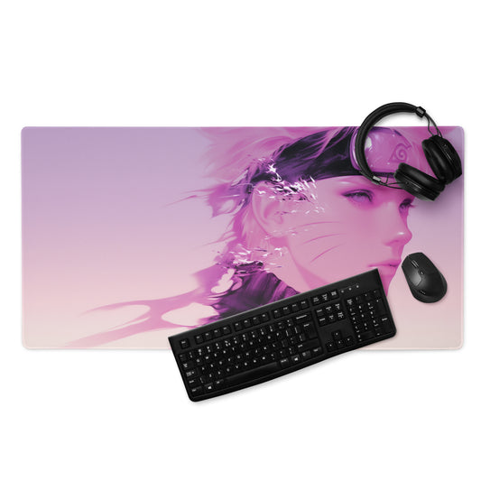 Desk setup with a large mouse pad featuring an artistic design, keyboard, mouse, and headphones on a white background.