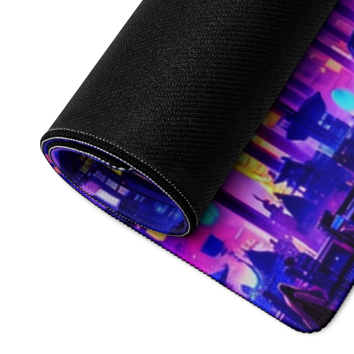 XXL gaming mouse pad, mouse pad, desk mat, gaming mat, gaming pad, best gaming mouse pad, border stitching, durable gaming mouse pad, Neon Metropolis artwork