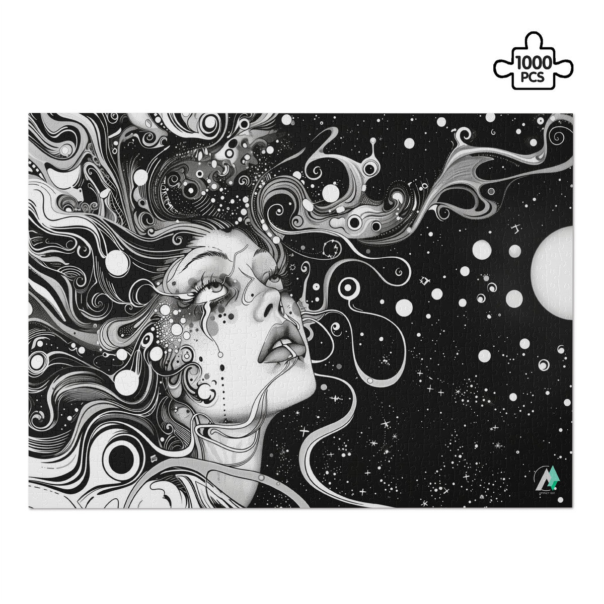 Discernment IV Puzzle features a black and white illustrated woman's face, available in 500 or 1000 pieces, crafted from premium ivory cardboard.