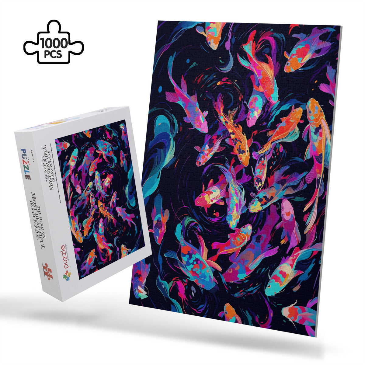 Neon Nishikigoi Koi Puzzle featuring vibrant fish artwork, available in 500 or 1000 pieces, crafted from premium ivory cardboard with a satin finish.