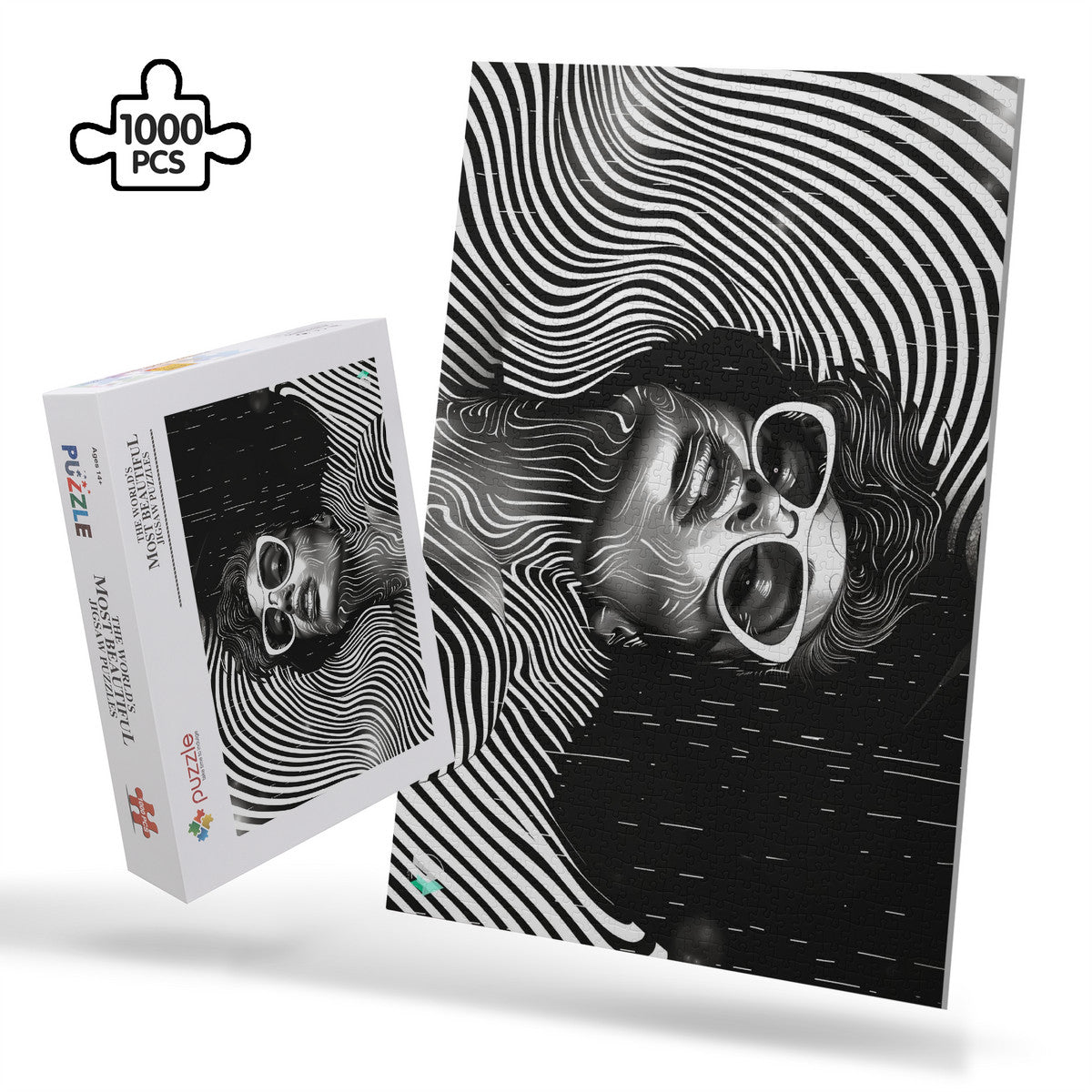Fashion Trip I puzzle showcasing a woman's face with sunglasses, featuring hand-picked artwork by artist @shinjoku13 on premium ivory cardboard. Available in 500 and 1000 pieces.