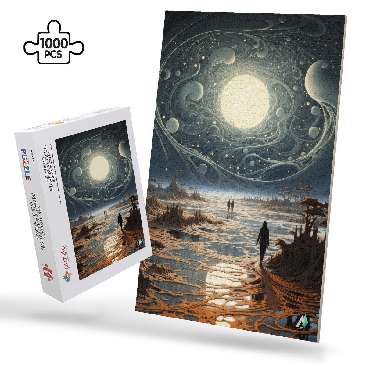Celestial Portal I Puzzle: A person walks on an alien landscape on a moon with planets in a space scene. Available in 500 or 1000 pieces, featuring premium cardboard.
