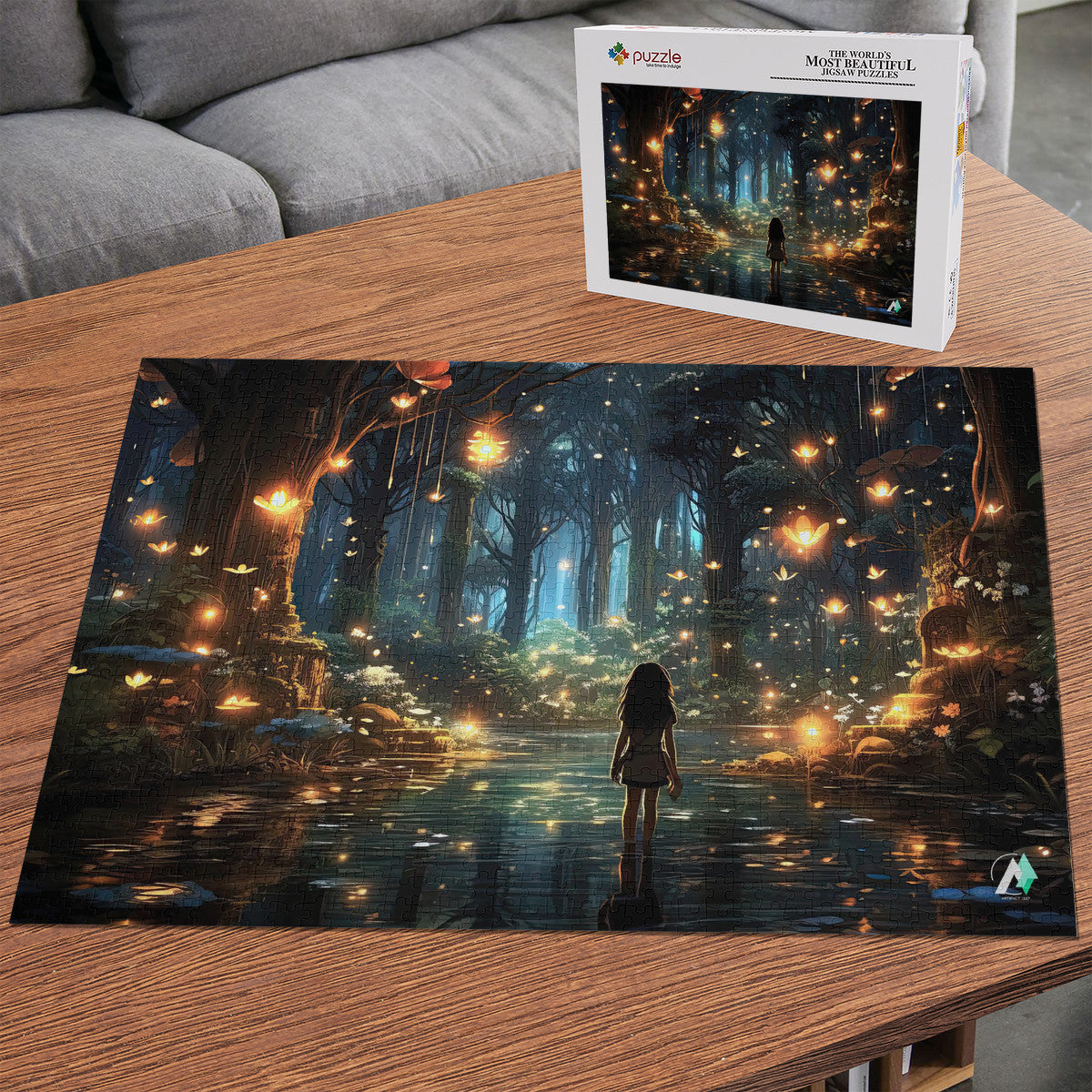 Forest of Magic I Puzzle featuring a girl in a mystical forest, available in 500 or 1000 pieces, made from premium ivory cardboard with a satin finish.