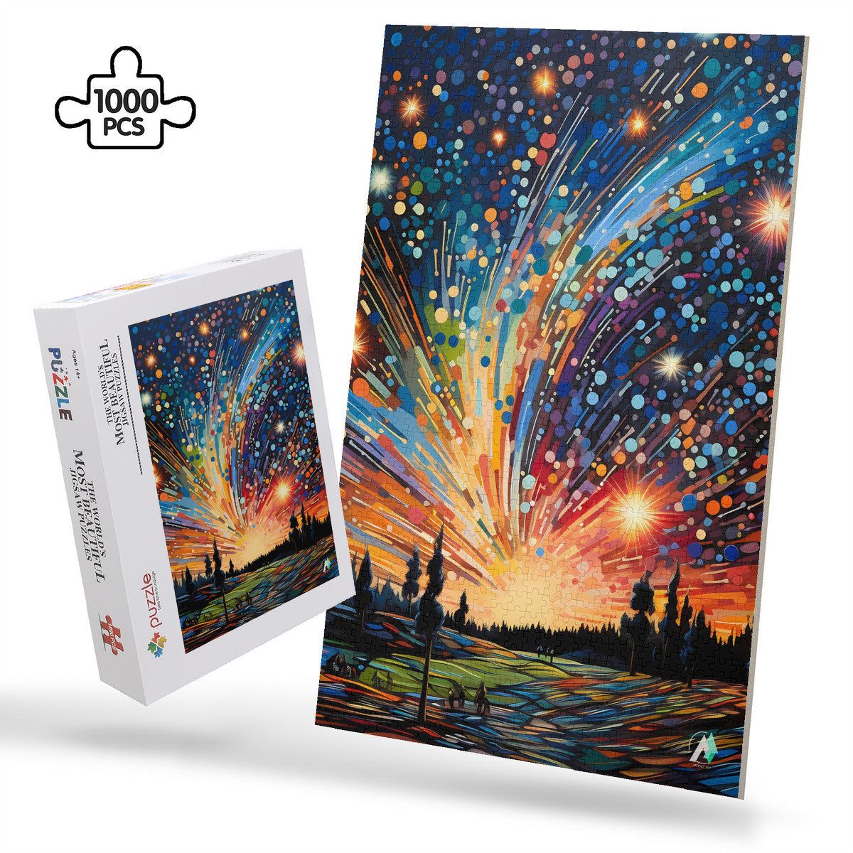 Meteor Shower Puzzle featuring vibrant artwork by @aihabit, available in 500 and 1000 pieces, crafted from premium ivory cardboard with satin finish.