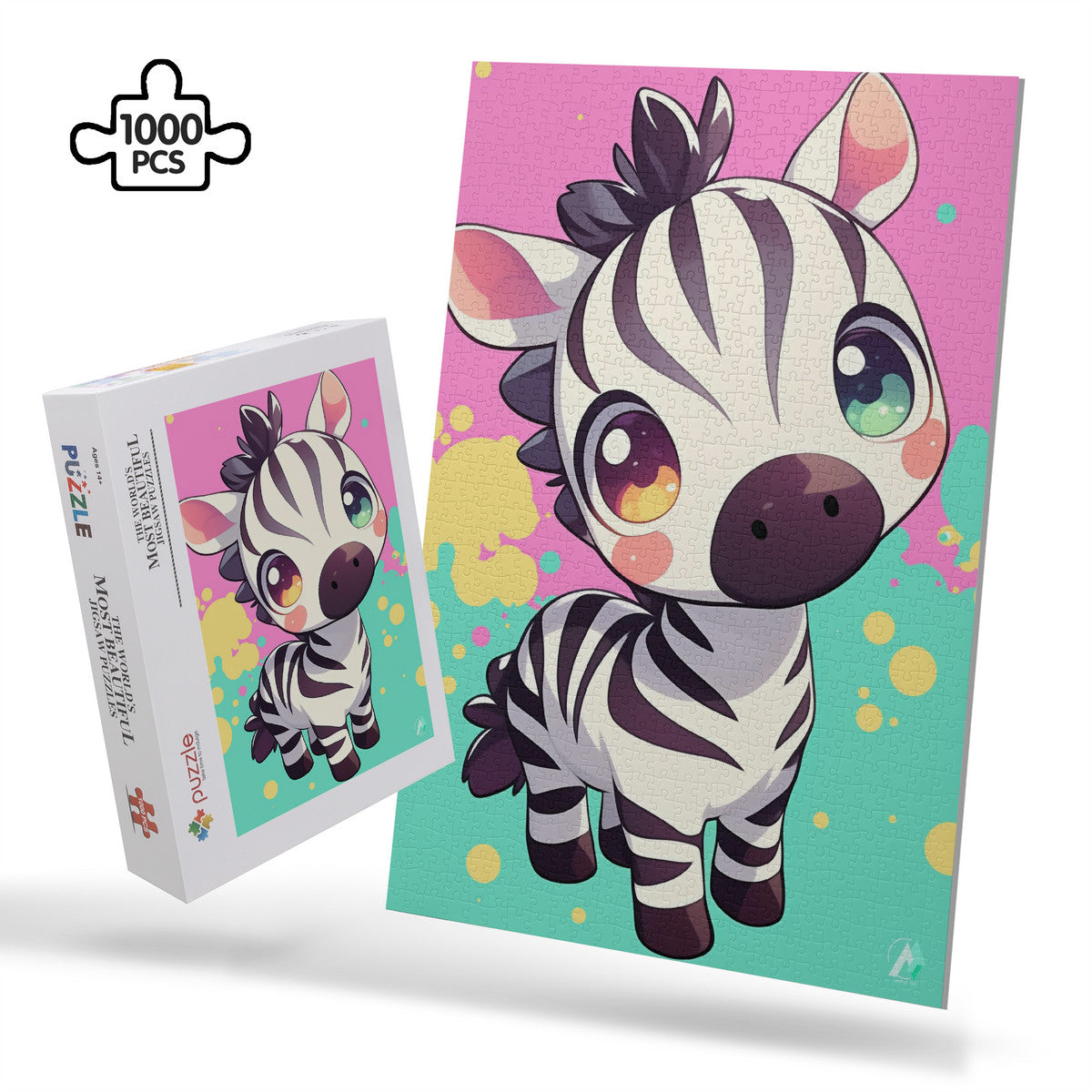 Chibi Safari Zebra Puzzle featuring a cartoon zebra illustration by artist @shinjoku13, available in 500 and 1000 pieces, made from premium ivory cardboard.