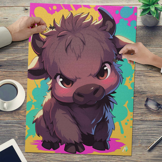 Chibi Safari Wildebeest Puzzle featuring a cartoon buffalo design. Available in 500 and 1000 pieces, crafted from premium ivory cardboard with a satin finish.