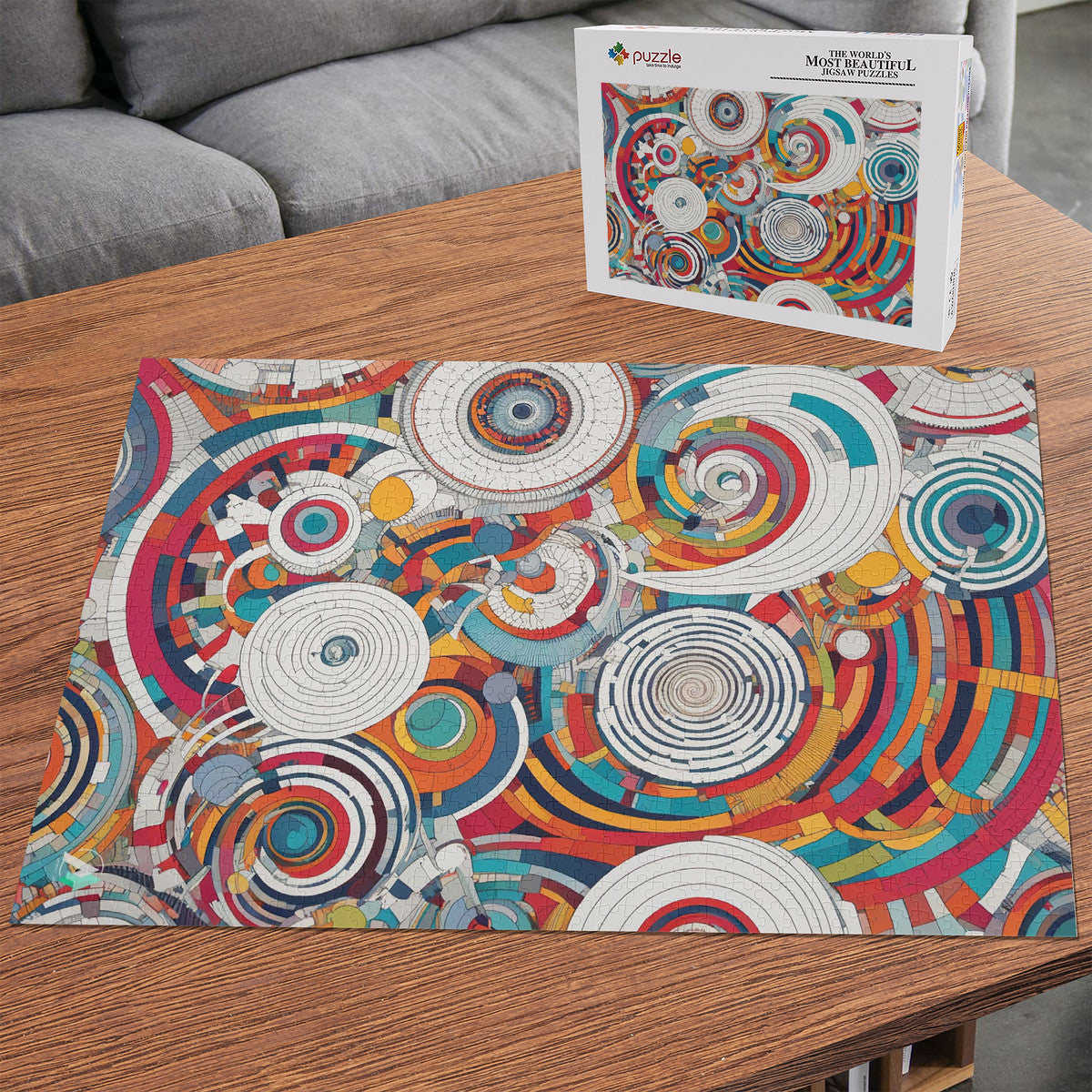 Spiral Abstraction I Puzzle featuring a vibrant, psychedelic spiral design, available in 500 or 1000 pieces, crafted from premium ivory cardboard with a satin finish.