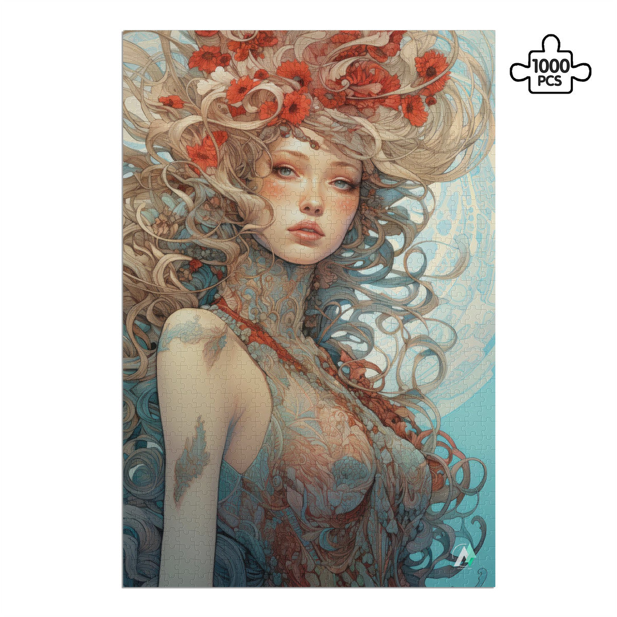 Beauty in Bloom II Puzzle features a woman's portrait with flowers in her hair, available in 500 and 1000 pieces, crafted from premium ivory cardboard.