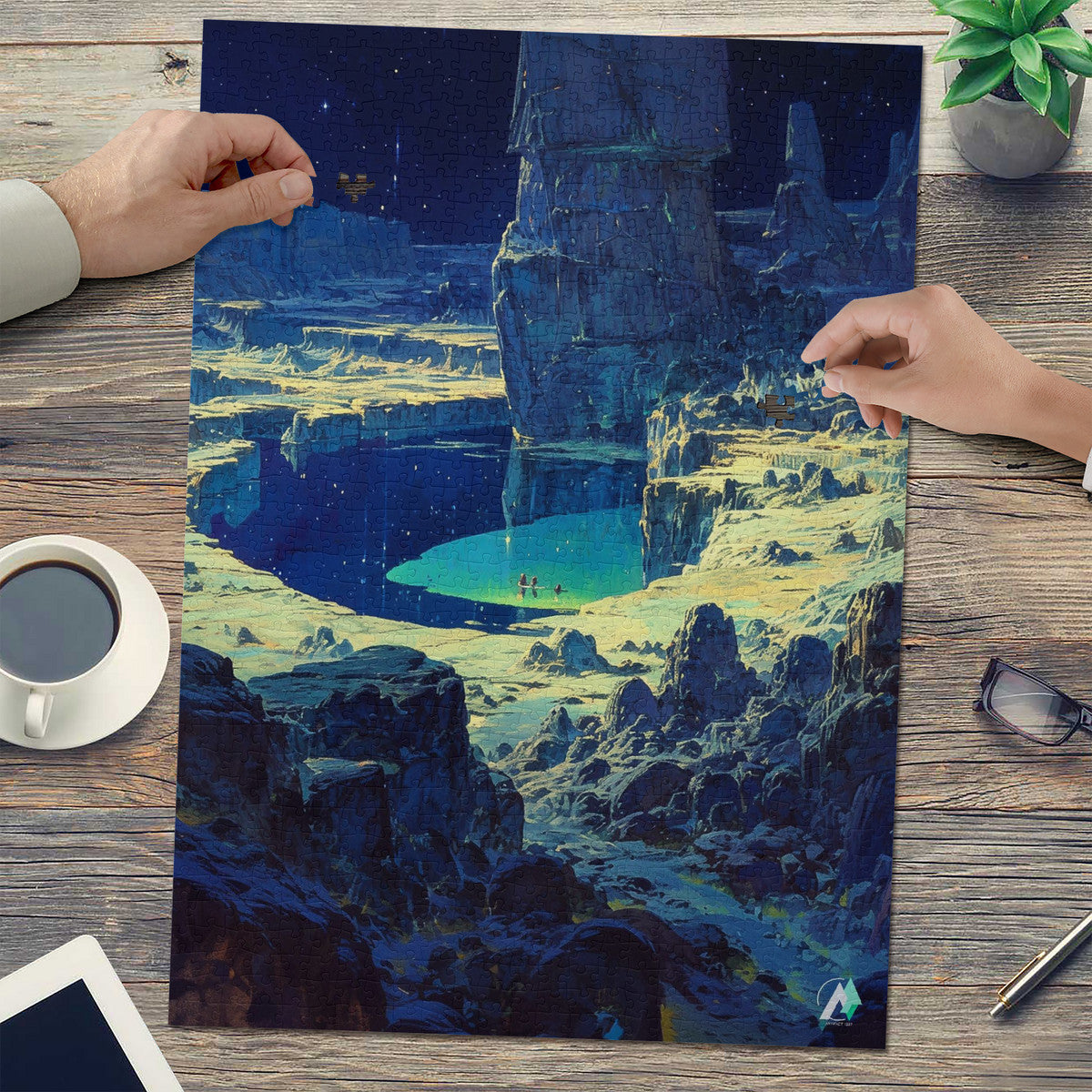 Galleria Galactica IV Puzzle featuring a landscape with a pond and mountain. Available in 500 or 1000 pieces, made from premium ivory cardboard.