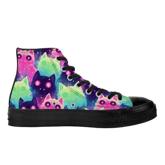Feline's Gaze I (Blk) 🐱👁️ | 1337 High Tops: High-top sneakers with neon cat faces on galaxy backdrop, black rubber sole, and toe cap, laced in black.