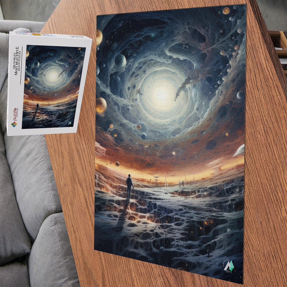 Celestial Portal II Puzzle: A person walks on an alien landscape on a moon with planets in a space scene. Available in 500 or 1000 pieces, featuring premium cardboard.