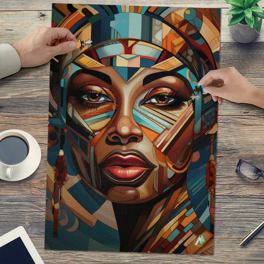 Cubist Beauty II Puzzle featuring a woman's face with a colorful headdress, available in 500 and 1000 pieces, crafted from premium ivory cardboard.
