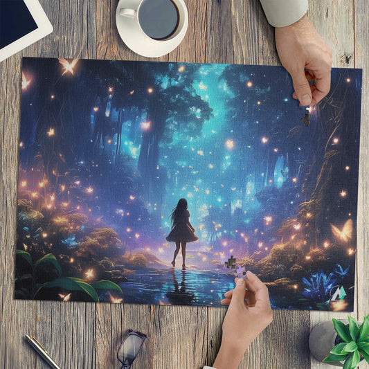 Forest of Magic III Puzzle featuring a girl in a dress amidst a forest scene, crafted from premium ivory cardboard with a satin finish.