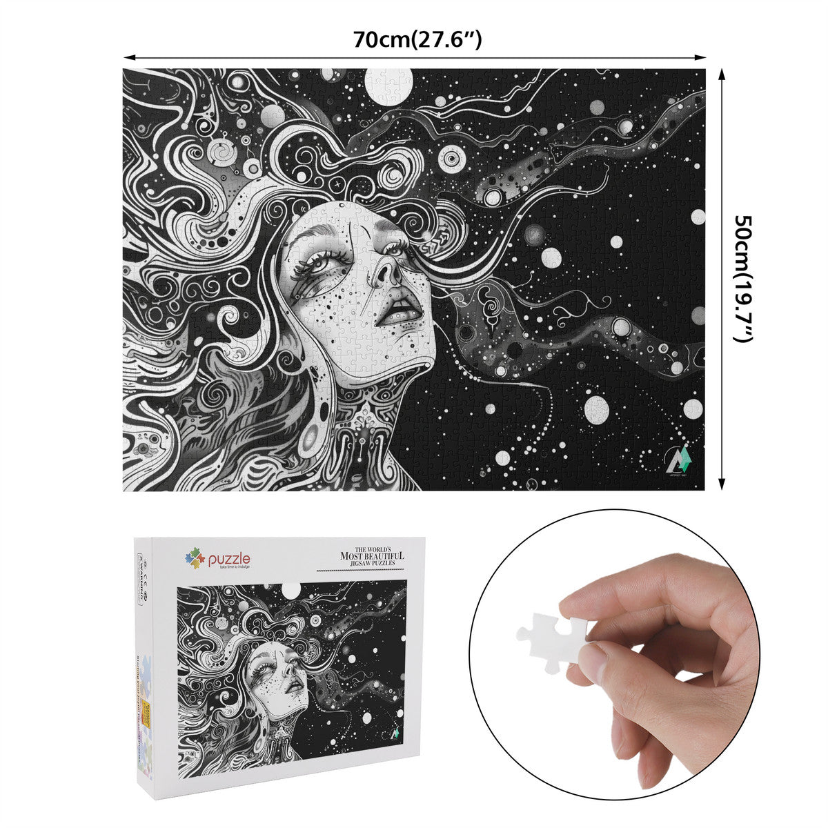 Discernment III Puzzle features a black-and-white illustration of a woman's face, available in 500 or 1000 pieces, crafted on premium ivory cardboard.