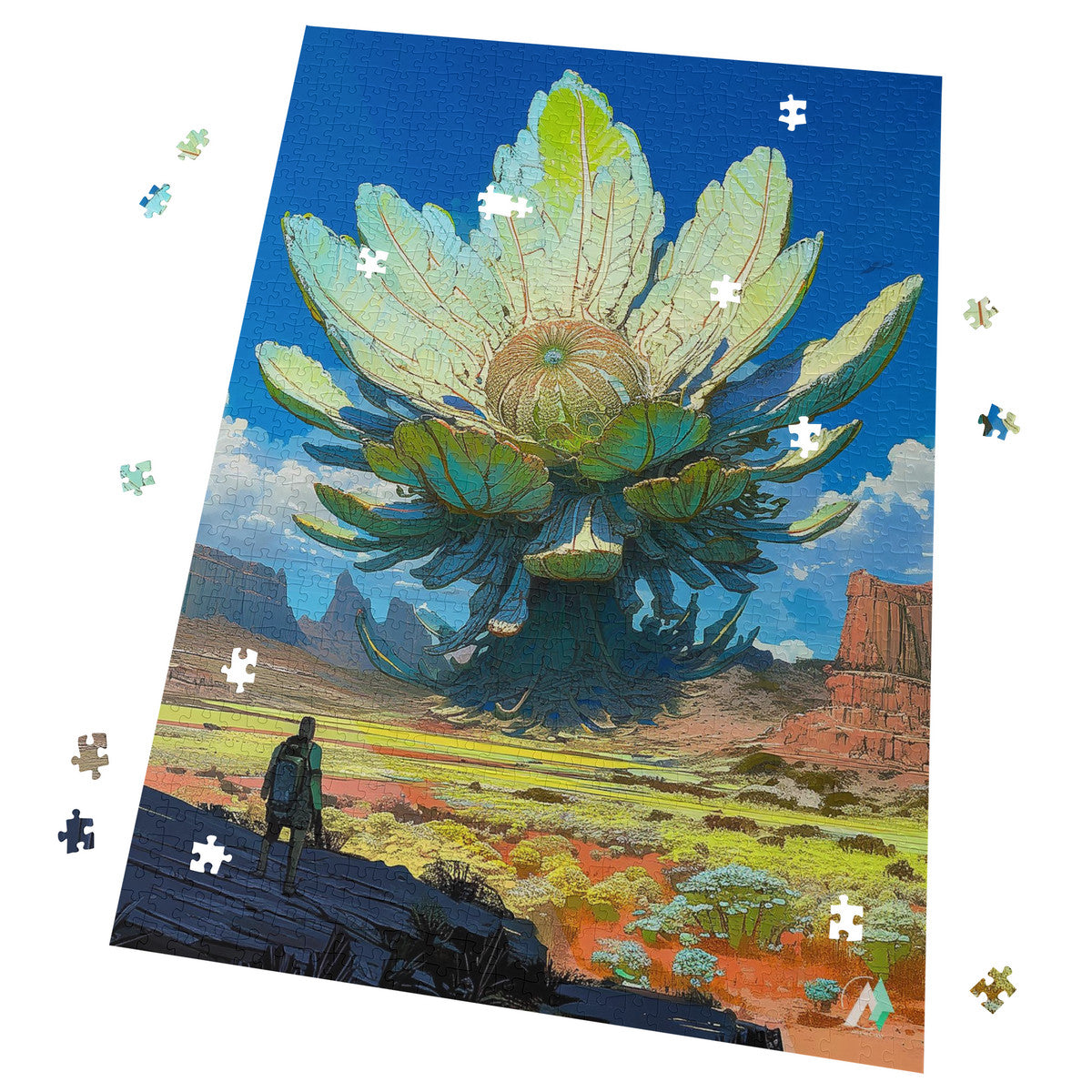 Galleria Galactica V Puzzle featuring a desert scene with a man, plant, and red rock; available in 500 and 1000 pieces.