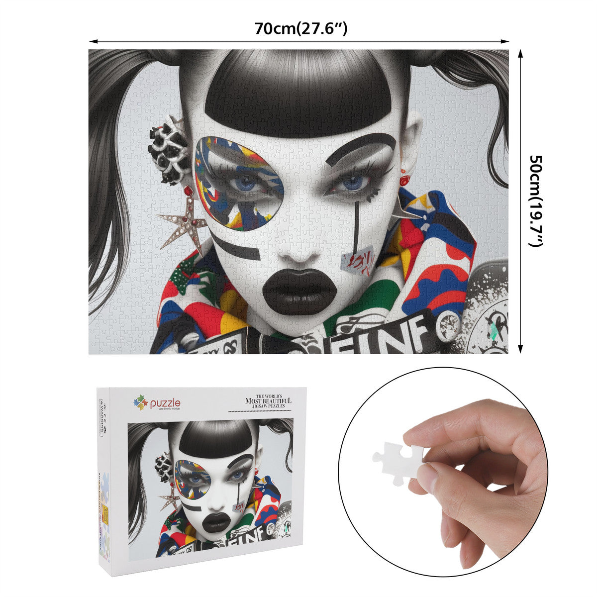 Fashion Quinn Puzzle features a striking black and white face art design by @shinjoku13, available in 500 or 1000 pieces for a creative challenge.