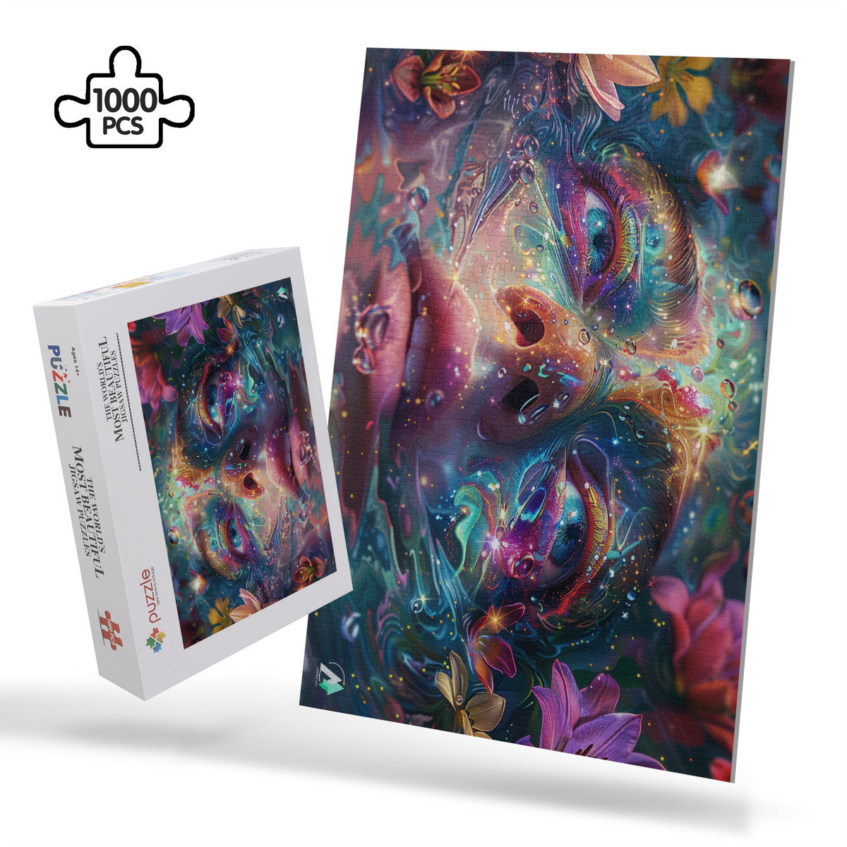 Emergence II Puzzle featuring a woman's face intertwined with flowers, available in 500 or 1000 pieces, crafted from premium ivory cardboard with a satin finish.