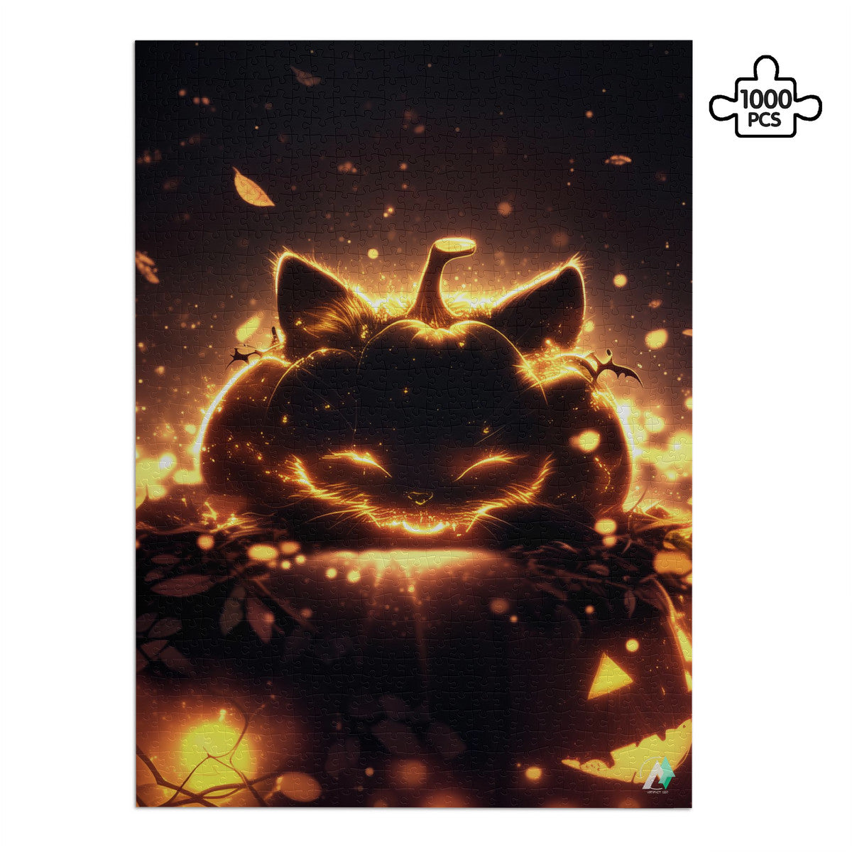 Cat-O'-Lantern Puzzle featuring a pumpkin with cat ears, available in 500 or 1000 pieces, crafted from premium ivory cardboard.