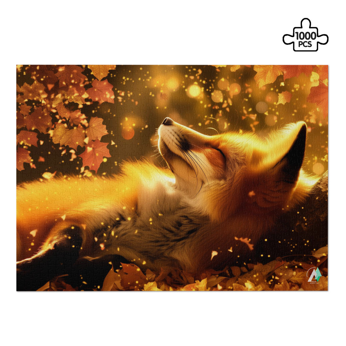 Puzzle titled Fall'n for Foxes VII featuring a serene fox lying on leaves, available in 500 or 1000 pieces, crafted from premium ivory cardboard.