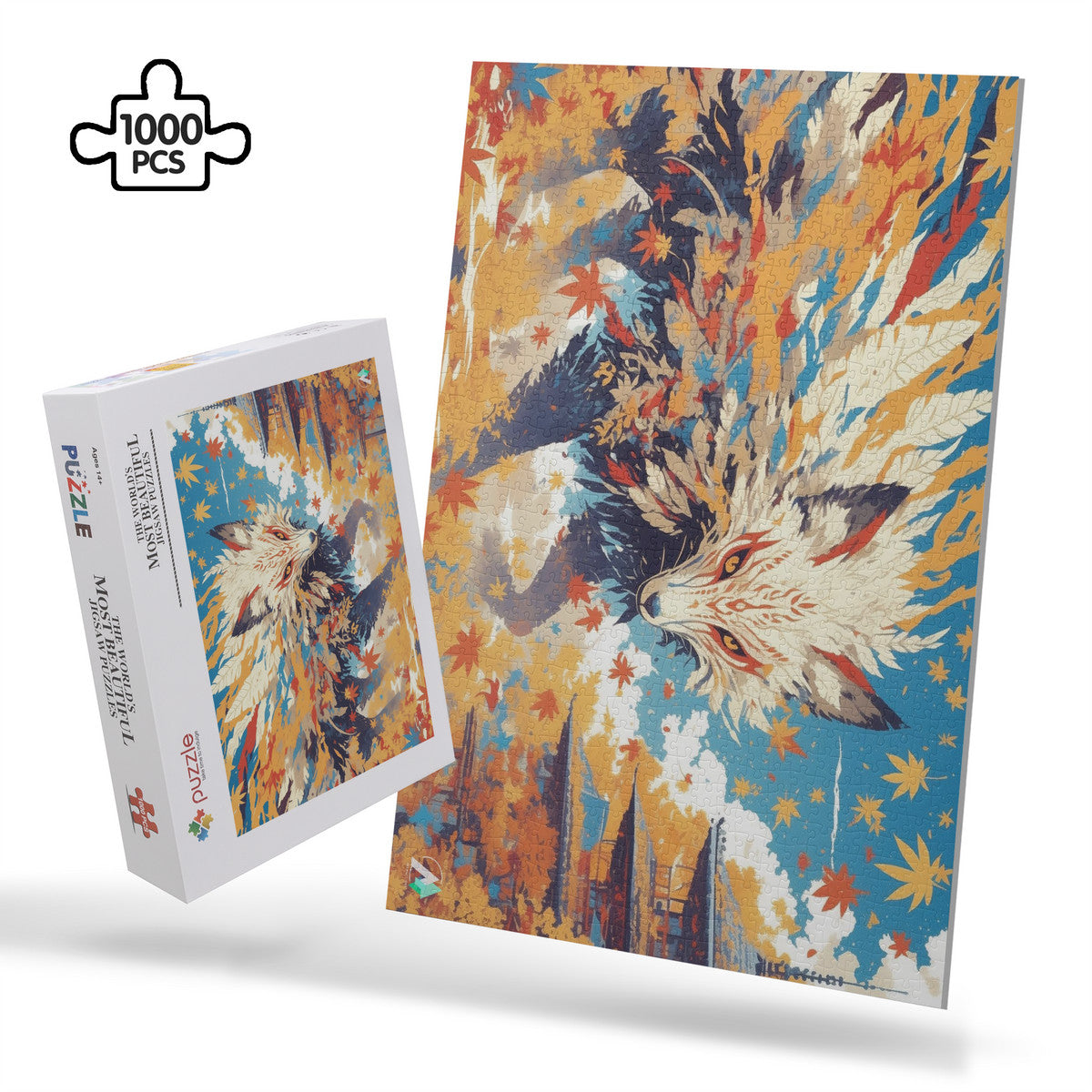 Fall'n for Foxes V Puzzle featuring a fox surrounded by leaves, available in 500 and 1000 pieces, crafted from premium ivory cardboard.