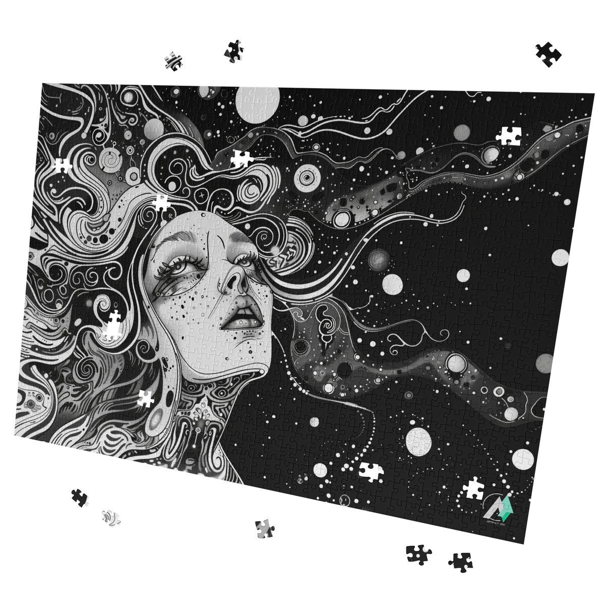 Discernment III Puzzle features a black-and-white illustration of a woman's face, available in 500 or 1000 pieces, crafted on premium ivory cardboard.
