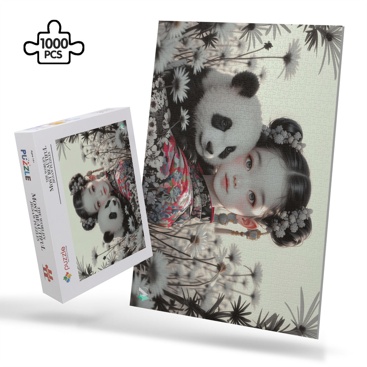Panda Princess puzzle features a girl holding a panda, crafted on premium ivory cardboard. Available in 500 and 1000 pieces, designed by @shinjoku13.