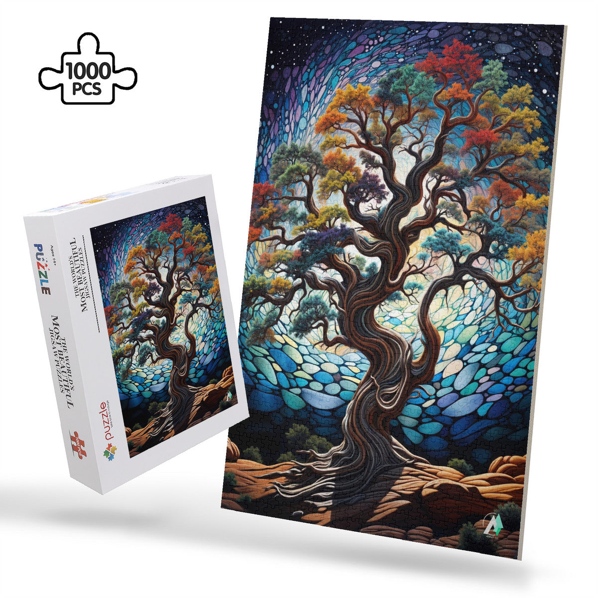 Ancient Bristlecone Puzzle, featuring a vibrant tree artwork by @aihabit, available in 500 and 1000 pieces, crafted from premium ivory cardboard.
