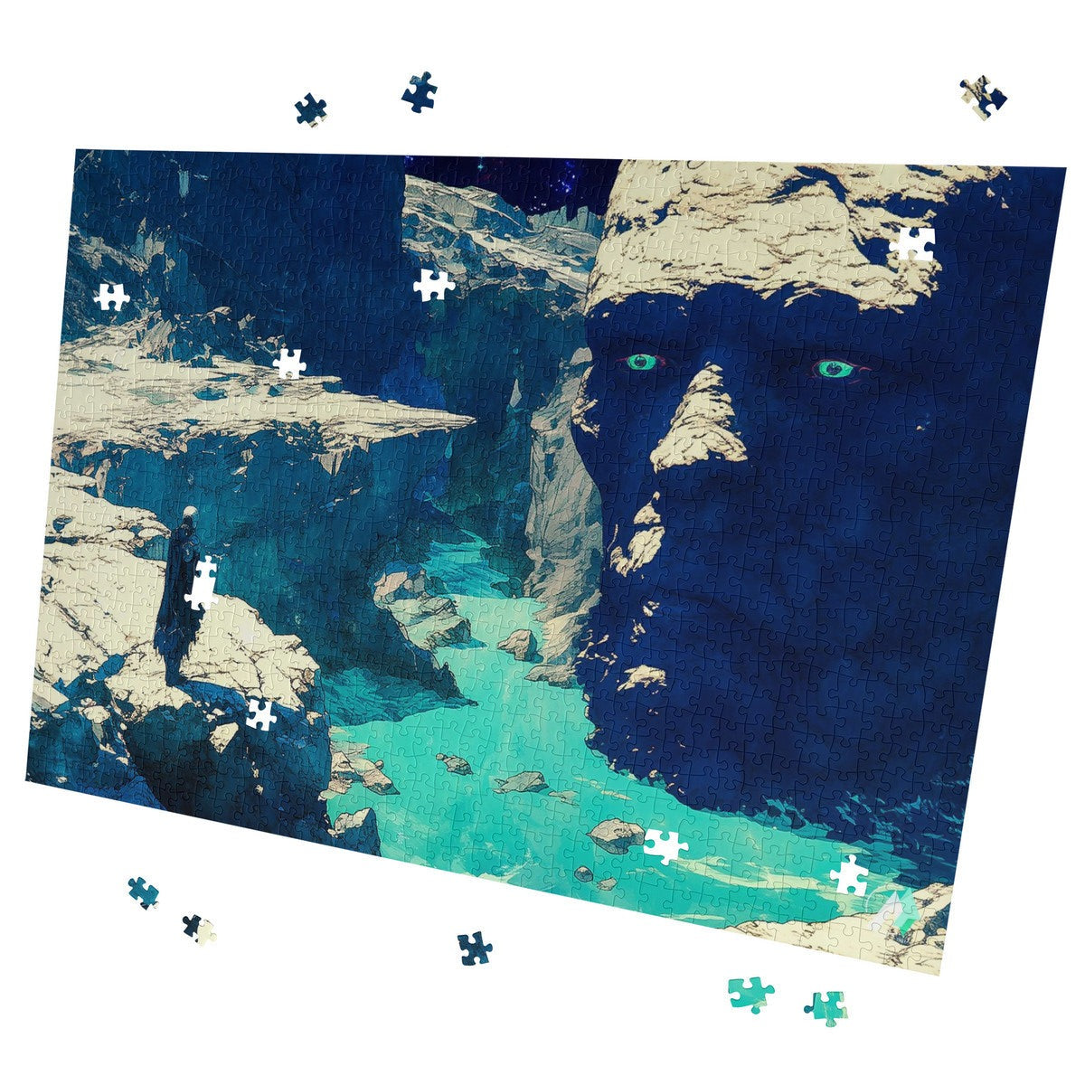 Galleria Galactica I Puzzle features an artwork of a man on rocks with a face in the background, available in 500 or 1000 pieces.