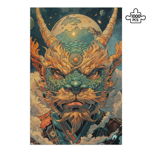 Eternal Guardian Puzzle: A jigsaw puzzle featuring a detailed dragon illustration by @ainfusionart, available in 500 or 1000 pieces, made from premium ivory cardboard.