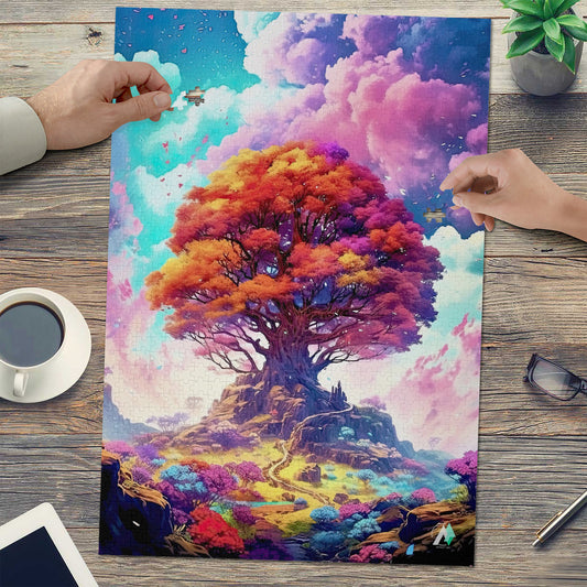 Freyja's Orchard Puzzle featuring a tree with colorful clouds, available in 500 or 1000 pieces, crafted from premium ivory cardboard with a satin finish.