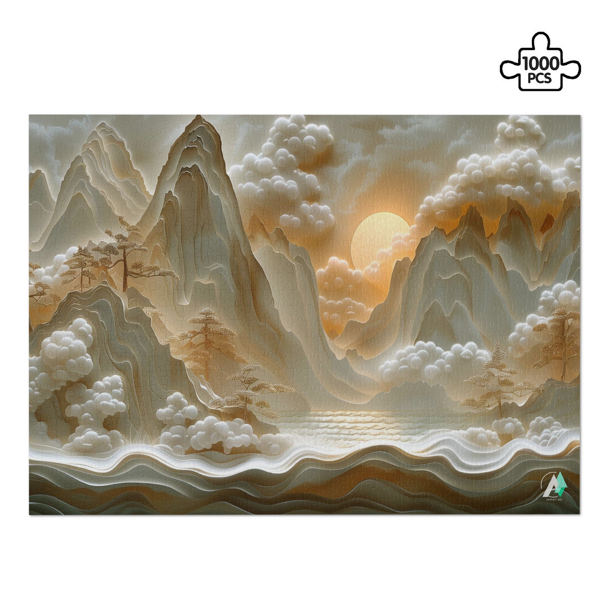 Entrance Eternal Puzzle featuring a mountain landscape with clouds and sun, available in 500 and 1000 pieces, made of premium ivory cardboard.