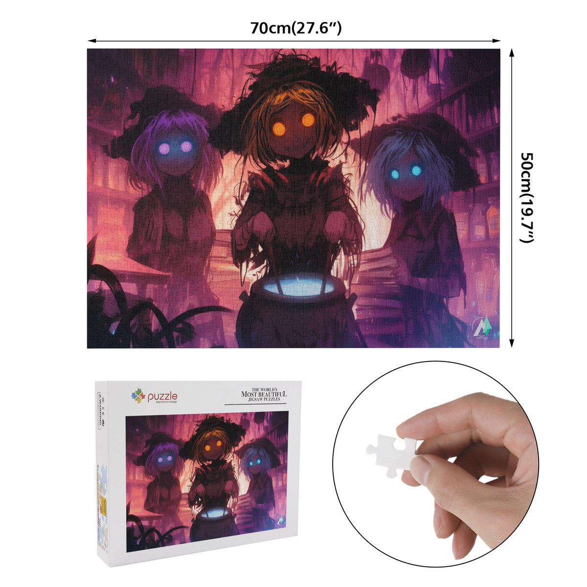 Three Sisters Brew Puzzle featuring anime-inspired artwork of glowing-eyed women, available in 500 and 1000 pieces, crafted on premium ivory cardboard.