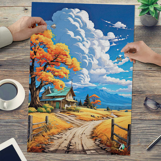 Rustic Idyll Puzzle features a serene landscape with a house, road, and tree, available in 500 and 1000 pieces, crafted from premium ivory cardboard.