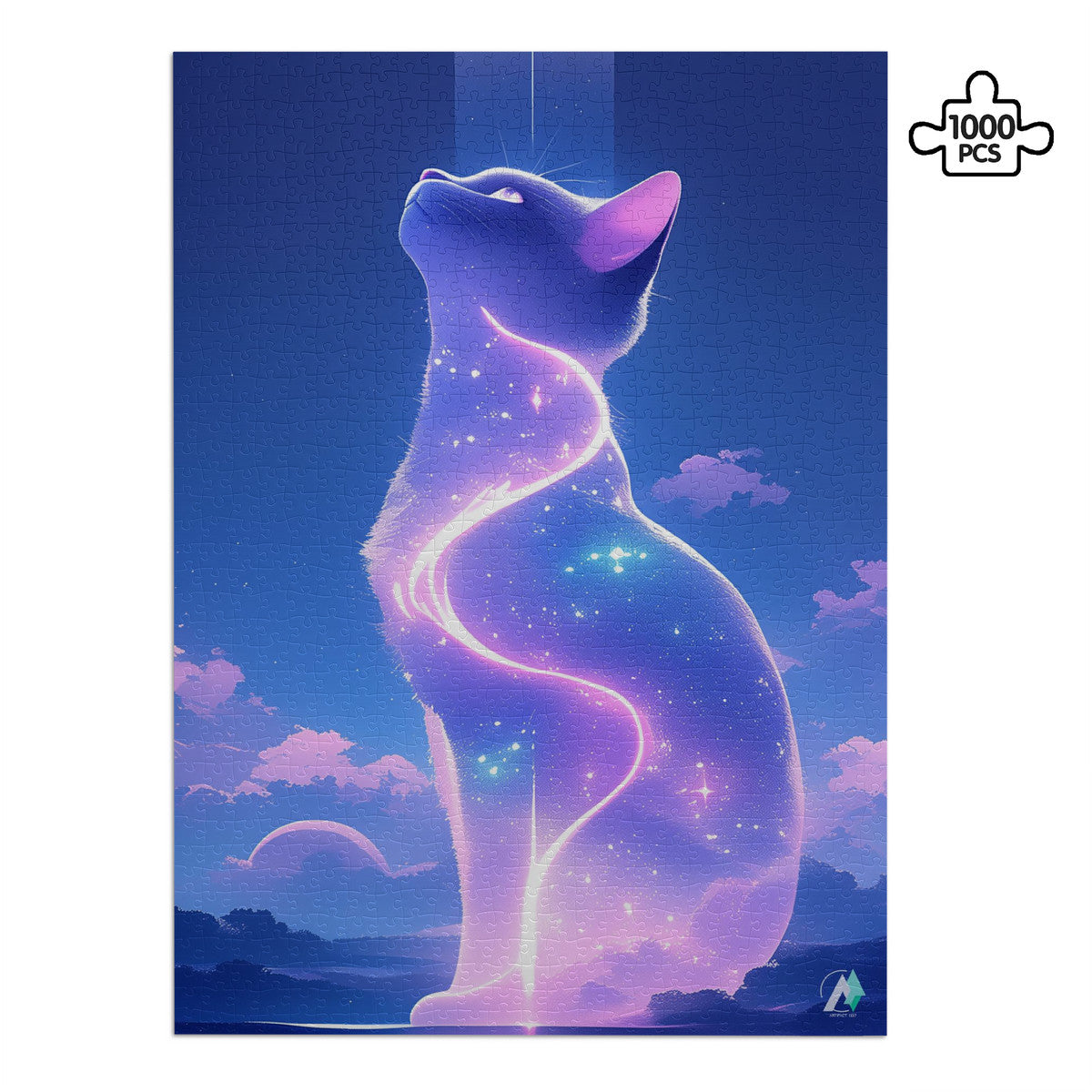 Milky Way Meow IV Puzzle showcases a cat-themed jigsaw puzzle, available in 500 and 1000 pieces, crafted from premium ivory cardboard.