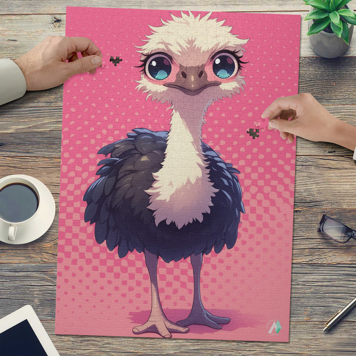 Chibi Safari Ostrich Puzzle: A cartoon ostrich puzzle, available in 500 or 1000 pieces, crafted from premium ivory cardboard with a satin finish.