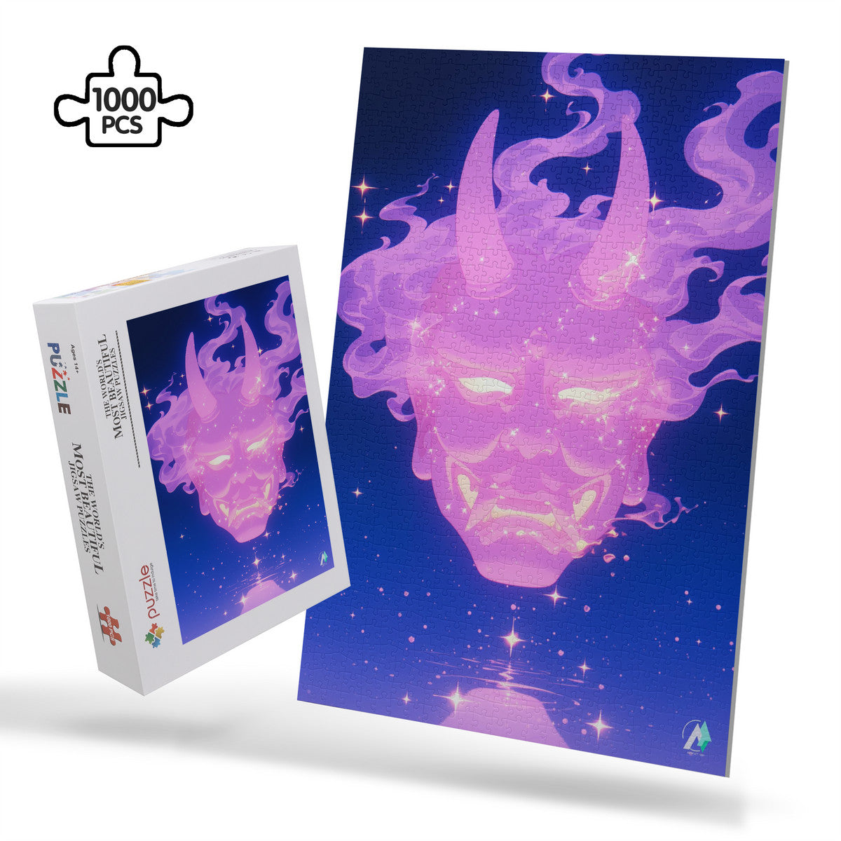 Oni Spirit Mask VII Puzzle featuring a horned face, available in 500 and 1000 pieces, crafted from premium ivory cardboard with a satin finish.