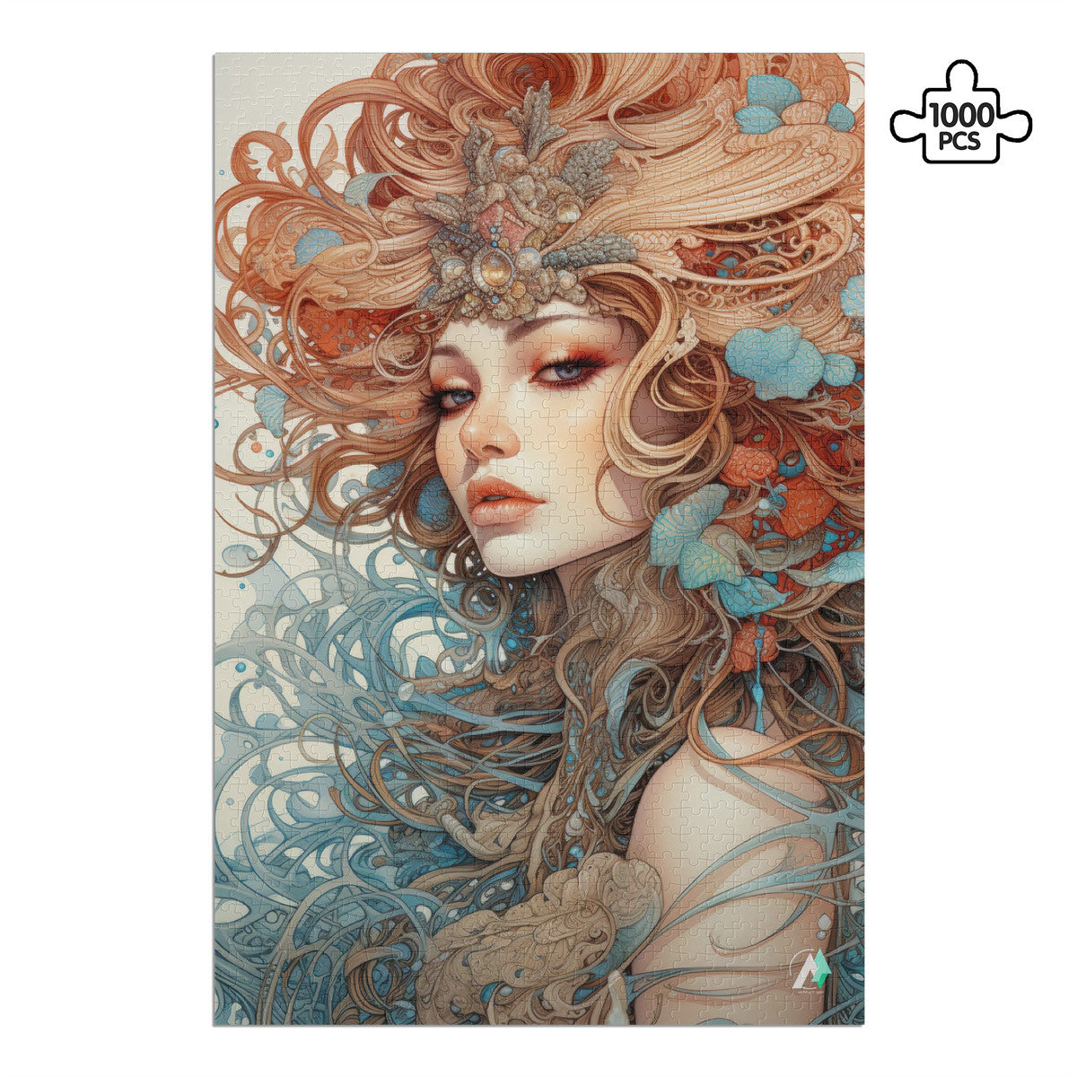 Beauty in Bloom III Puzzle featuring intricate artwork of a woman with long hair, available in 500 or 1000 pieces, crafted on premium satin-finished cardboard.