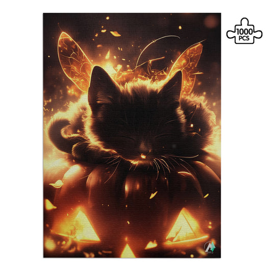 Faerie Feline II Puzzle features a cat fairy lounging on a pumpkin, available in 500 and 1000 pieces, crafted from premium ivory cardboard.