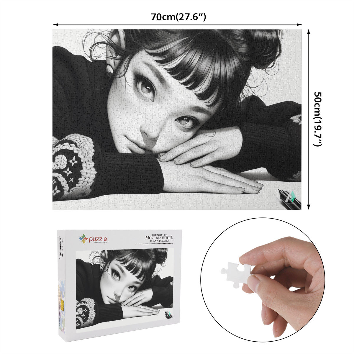 Girl in Reflection Puzzle showcases a serene portrait of a girl resting her head on her hands, available in 500 or 1000 pieces.