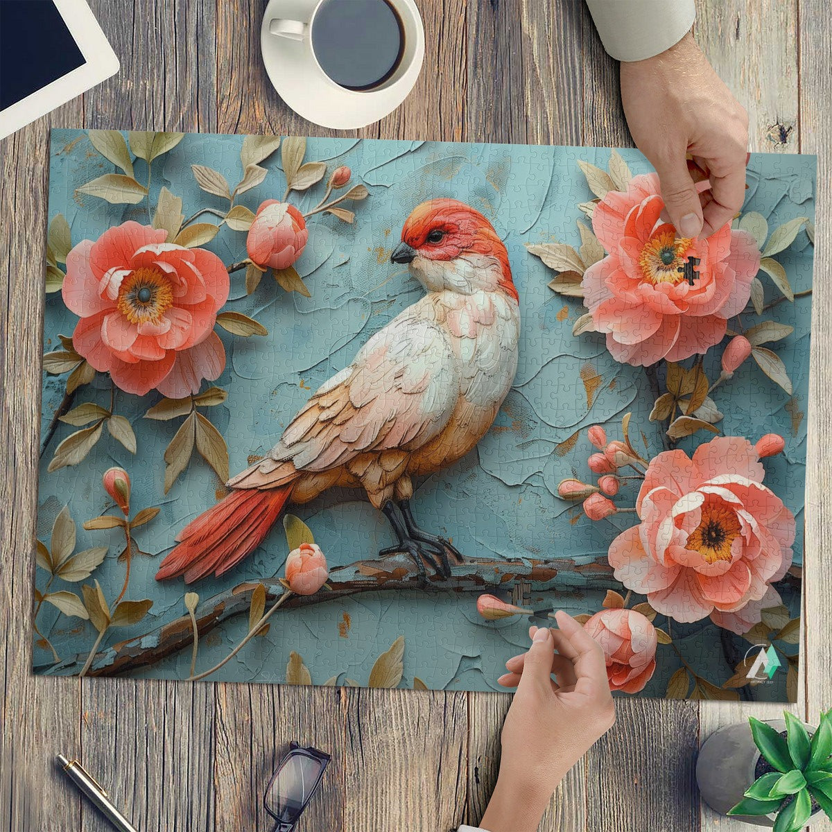Blossom's Balladeer II Puzzle featuring a bird perched on a branch amidst flowers, available in 500 or 1000 pieces, crafted from premium ivory cardboard.