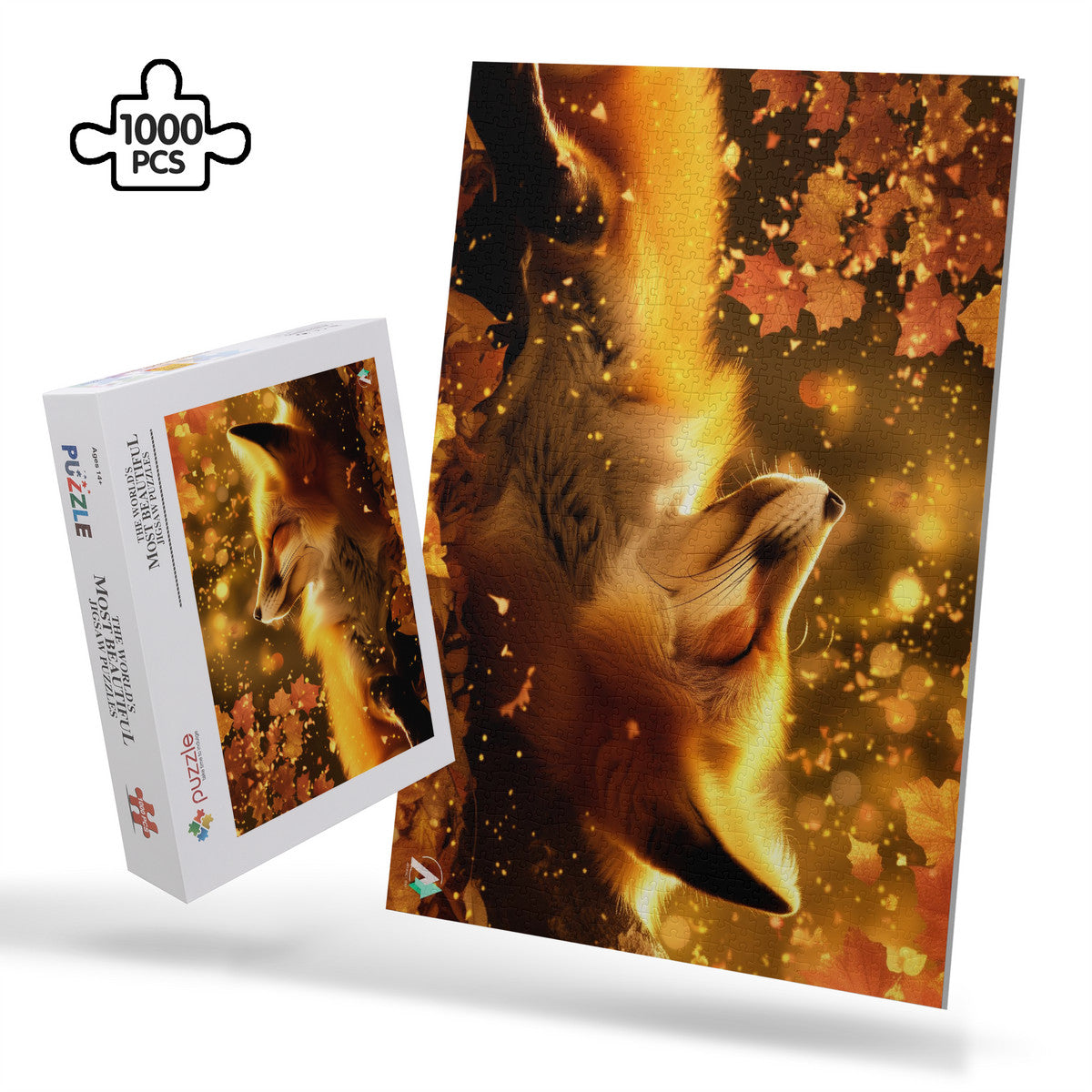 Puzzle titled Fall'n for Foxes VII featuring a serene fox lying on leaves, available in 500 or 1000 pieces, crafted from premium ivory cardboard.