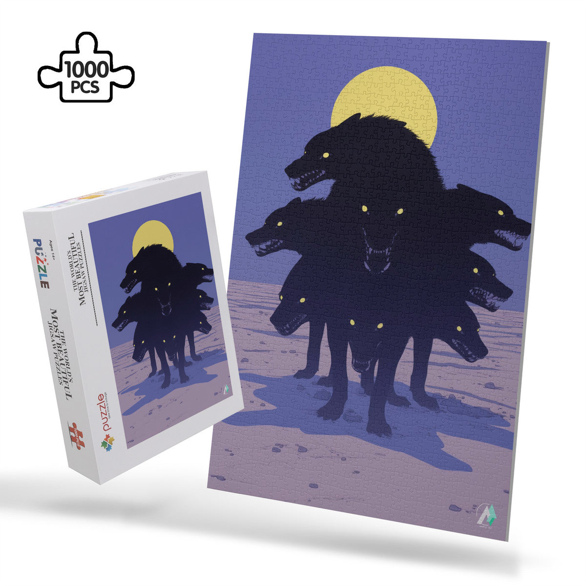 Hounds Unleashed V Puzzle, featuring a striking wolf head artwork, available in 500 and 1000 pieces, crafted from premium ivory cardboard.