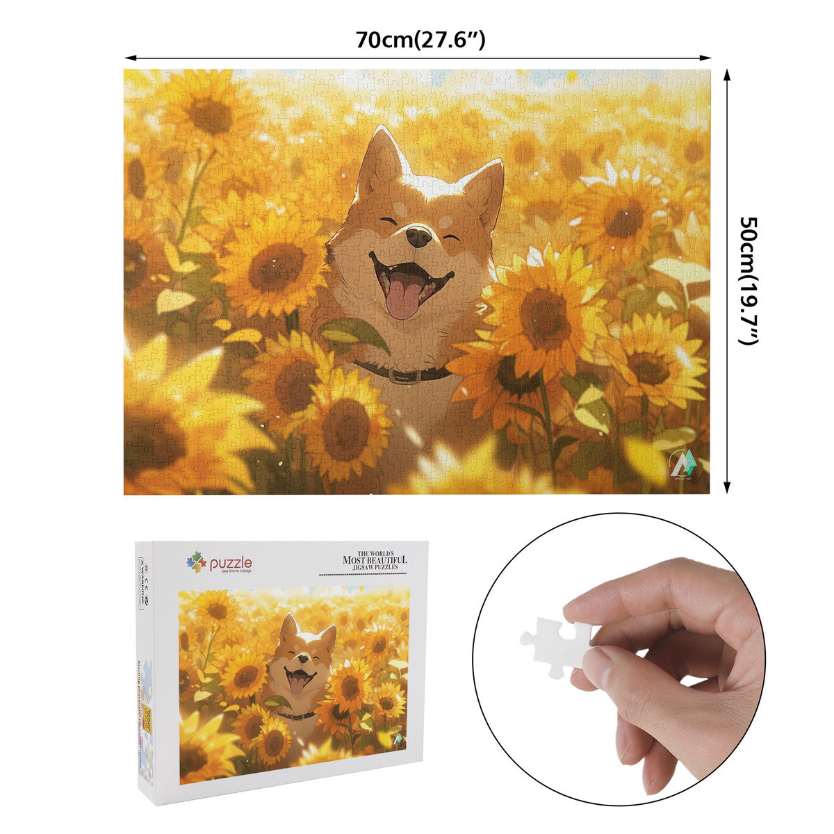 Chibi Shiba III Puzzle: A dog in a sunflower field puzzle, available in 500 or 1000 pieces, featuring artwork by @shinjoku13.