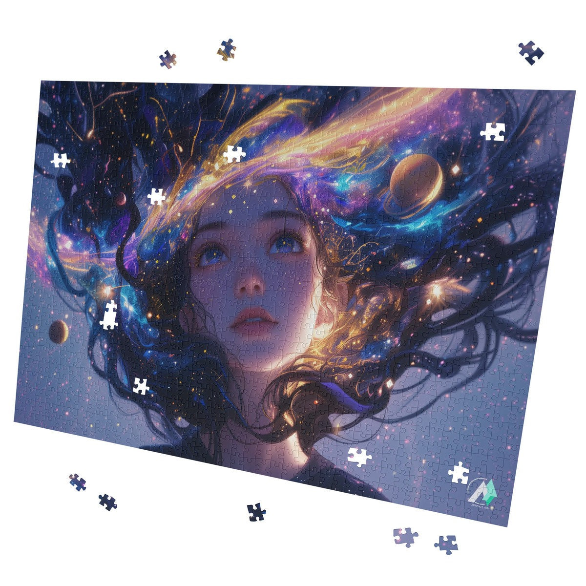 Cosmic Serenity III Puzzle features a colorful-haired girl in a fantastical scene, available in 500 or 1000 pieces, crafted on premium ivory cardboard.