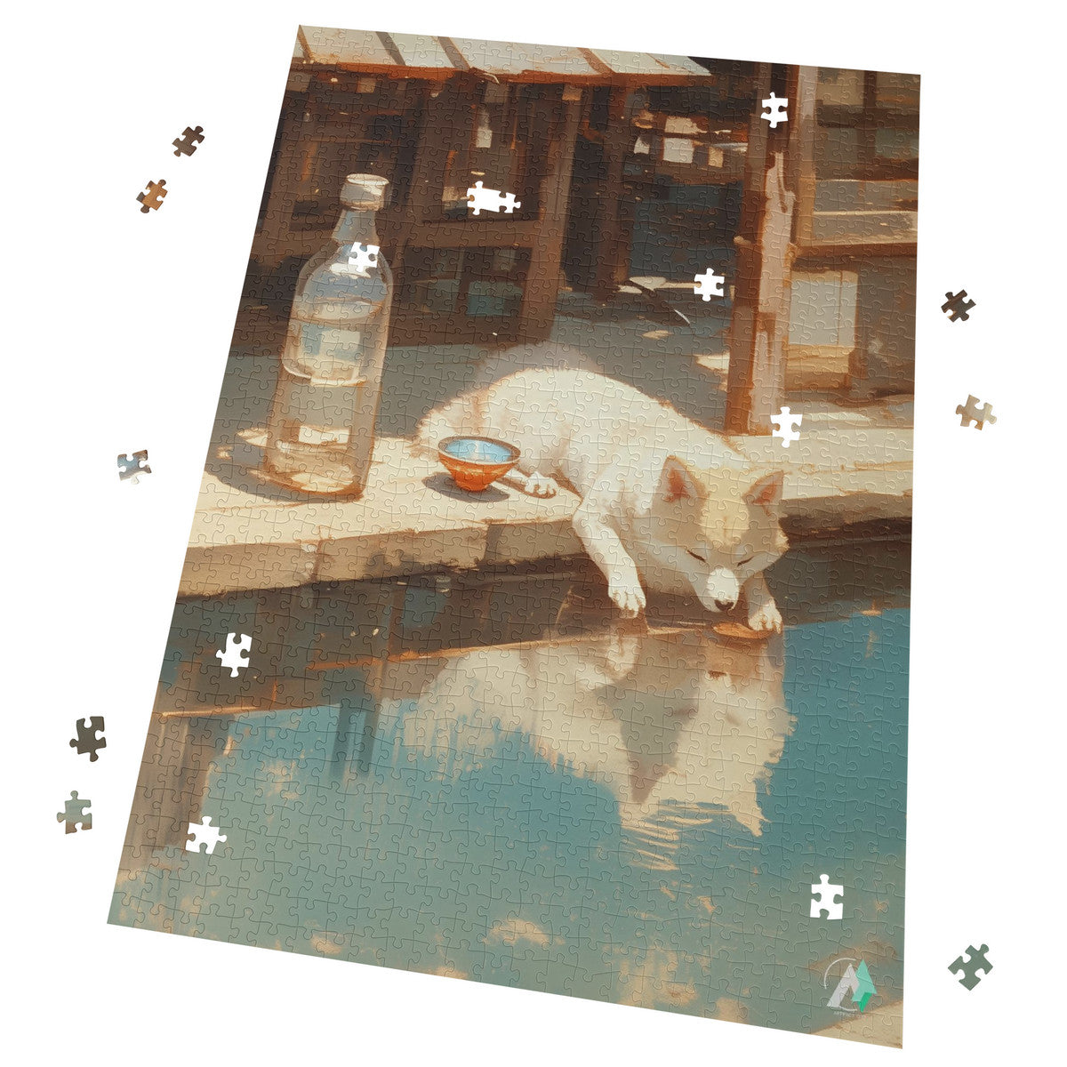 Dozy Dog I Puzzle features a dog drinking water, showcasing intricate artwork by @shinjoku13 on premium satin-finished cardboard. Available in 500 and 1000 pieces.