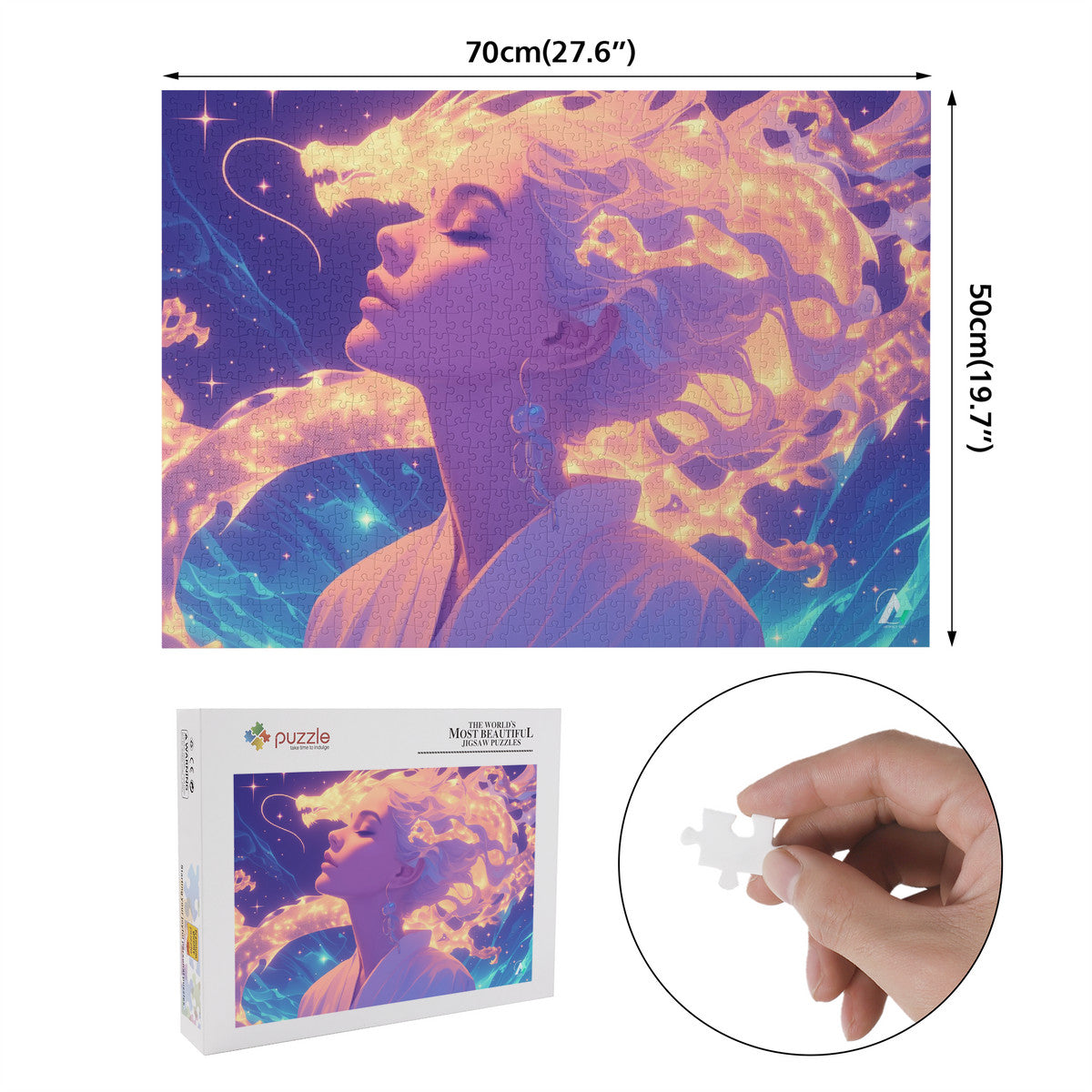 Supernal Connection Puzzle featuring a woman with dragon-like hair, available in 500 and 1000 pieces, crafted from premium ivory cardboard.