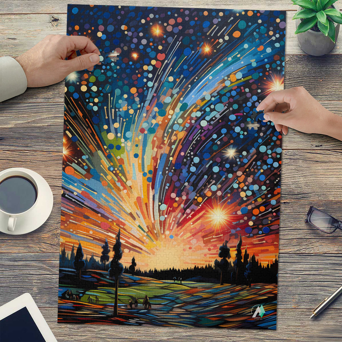 Meteor Shower Puzzle featuring vibrant artwork by @aihabit, available in 500 and 1000 pieces, crafted from premium ivory cardboard with satin finish.