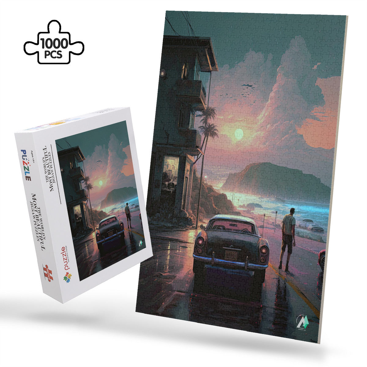 Reflections in the Rain Puzzle features a man beside a car on a road at the beach, crafted from premium ivory cardboard, available in 500 and 1000 pieces.